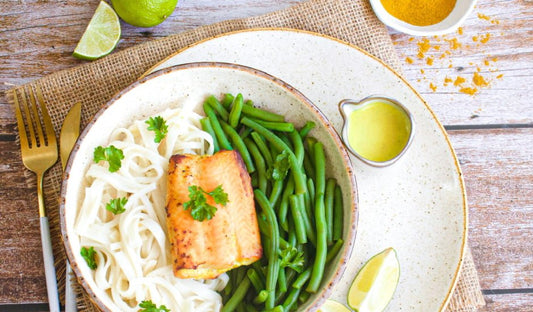 Broiled Wild Alaska Salmon with Coconut Curry Rice Noodles and Green Beans - Net To Table Seafoods