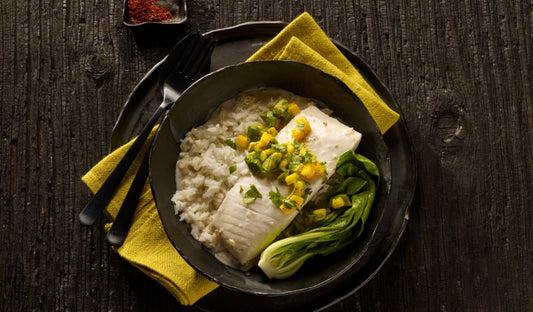 Coconut Poached Alaska Halibut with Mango-Avocado Salsa - Net To Table Seafoods