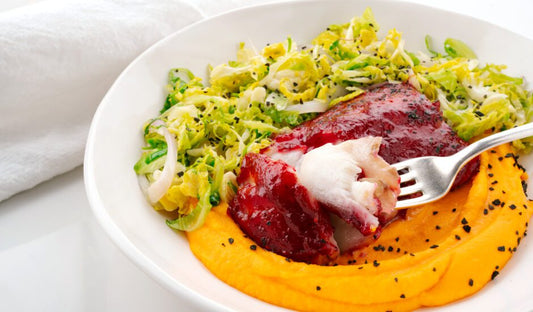 Cranberry-Glazed Sablefish (Black Cod) with Sweet Potato Purée & Brussels Sprouts - Net To Table Seafoods