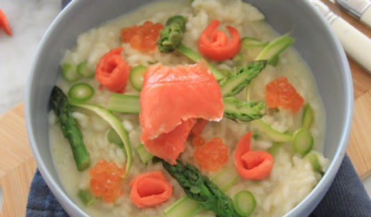 Creamy Risotto with Wild Alaska Smoked Salmon, Goat Cheese, and Asparagus - Net To Table Seafoods