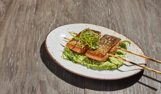 Grilled Alaska Sockeye Salmon Skewers with Edamame Hummus - Net To Table Seafoods