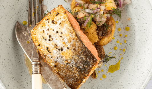Pan-Fried Wild Alaska Sockeye Salmon with Florida Grapefruit and Dill Sauce and Crushed Potatoes - Net To Table Seafoods