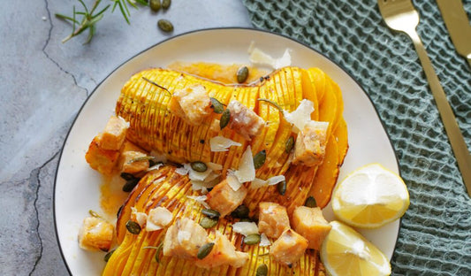Rosemary Hasselback Butternut Squash Loaded with Honey-Lemon Alaska Cod - Net To Table Seafoods