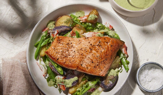 Seared Alaska Sockeye Salmon with New Potato and Alaska King Crab Hash - Net To Table Seafoods