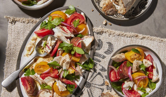 Tomato Salad with Poached Alaska Halibut and Mint - Net To Table Seafoods