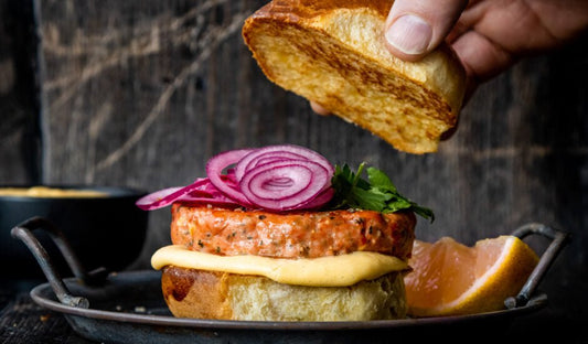 Wild Alaska Sockeye Salmon Burger with Florida Grapefruit and Tarragon Burger Sauce - Net To Table Seafoods