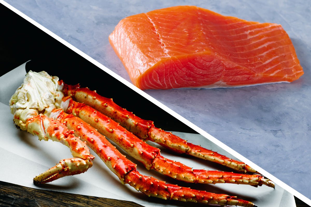 Popular Subscription Boxes - Net To Table Seafoods Close-up of a raw wild Alaskan salmon fillet and a large Alaskan king crab leg displayed side by side on a cool-toned background.