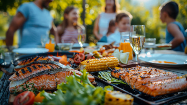 Grilled wild-caught Alaskan salmon fillets served with fresh vegetables, corn, and lemon on an outdoor family dinner table – highlighting healthy, sustainable seafood and summertime dining.
