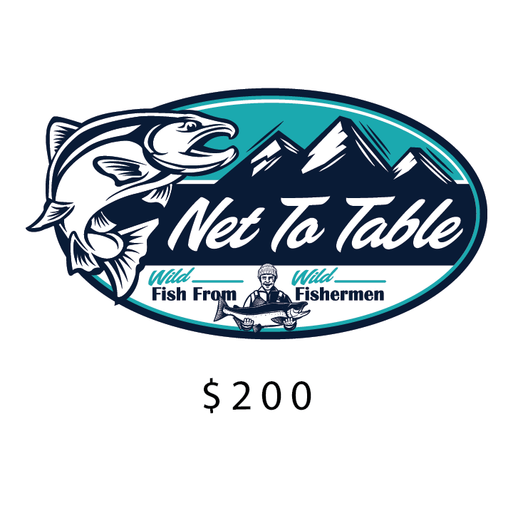 Net to Table Seafoods $200 gift certificate logo with salmon, mountains, and fisherman, wild-caught Alaska seafood