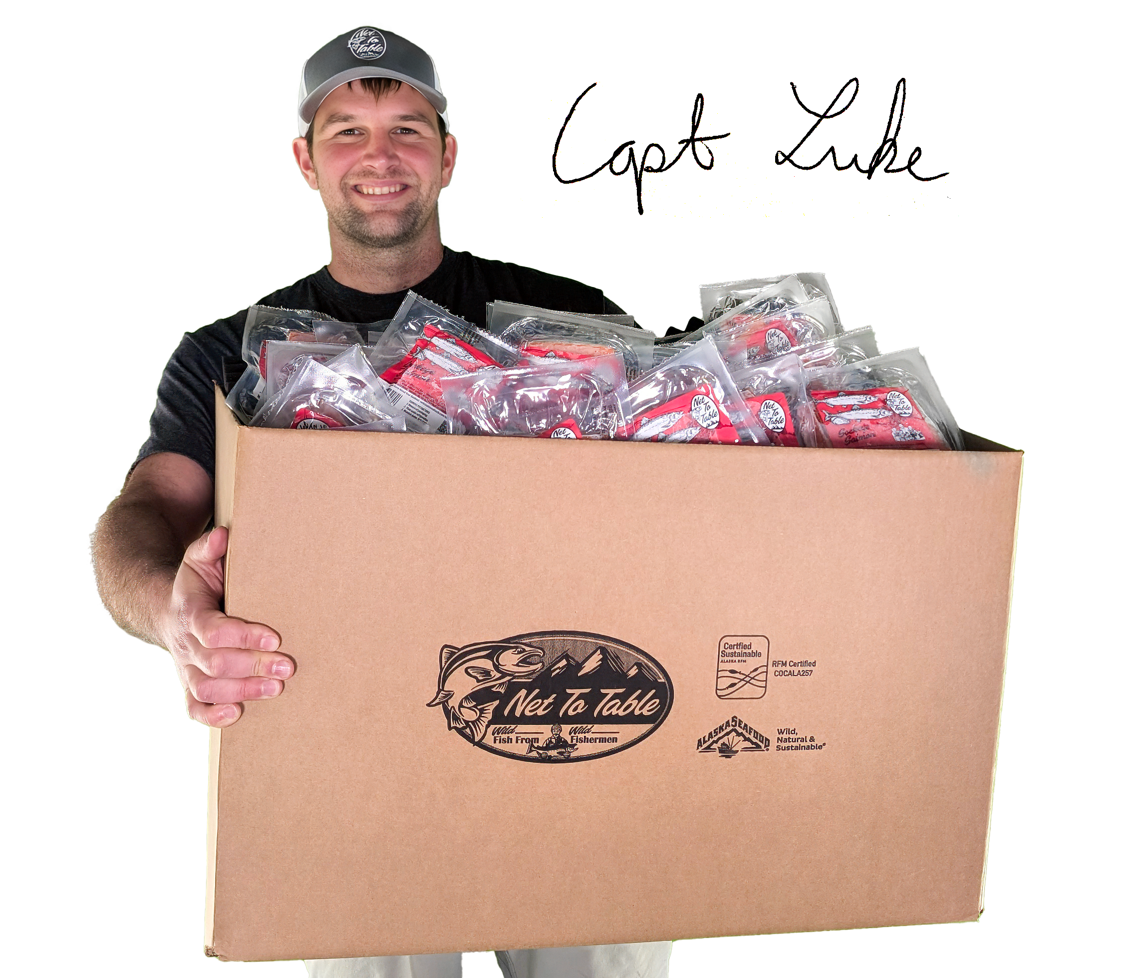 Customer holding Wild Alaskan seafood freezer fill box