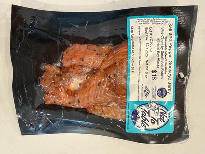 Salt and pepper sockeye salmon jerky 5oz vacuum-sealed package from Net to Table, wild-caught Bristol Bay Alaska