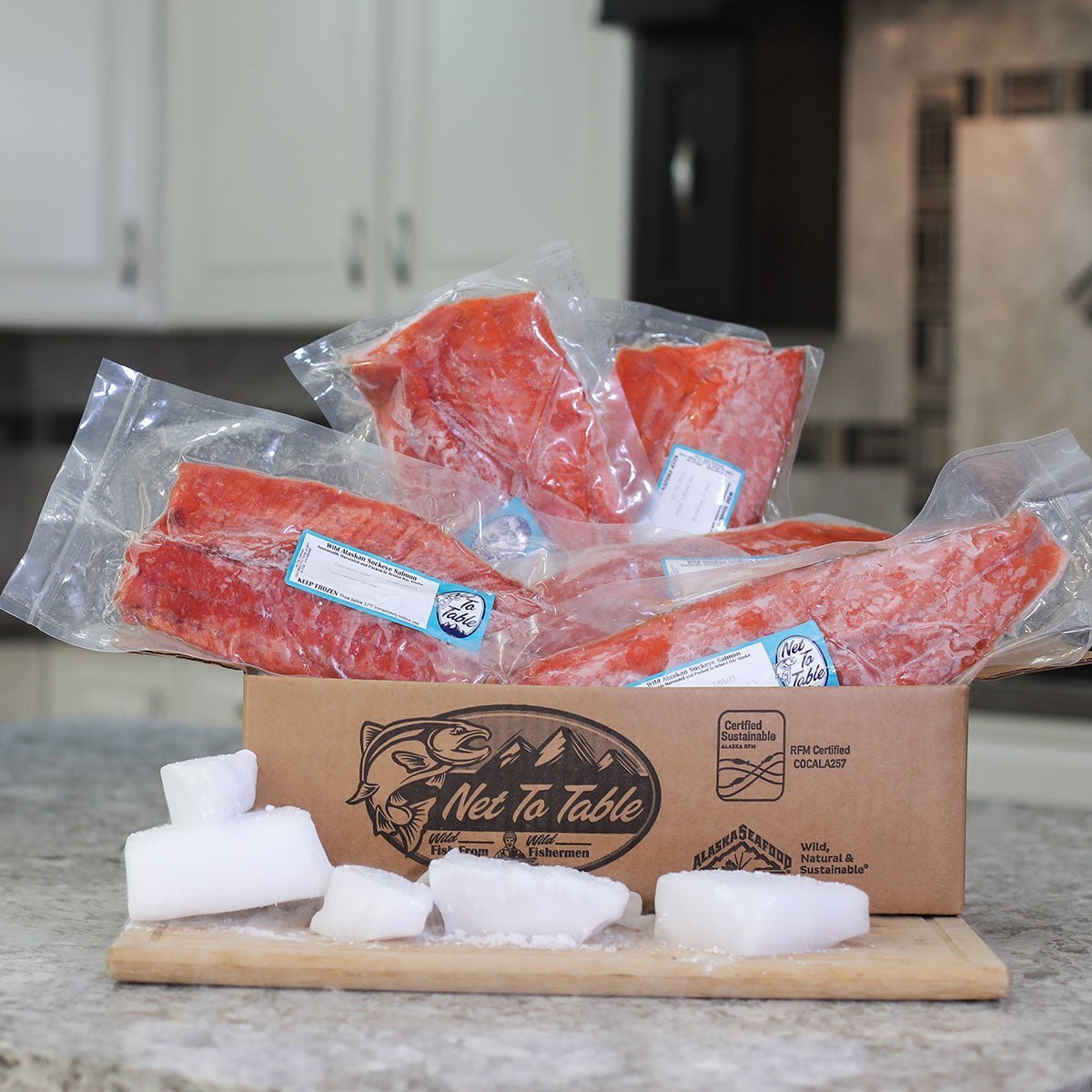 Sockeye Fillets 6lbs @ $20/lb - Net To Table Seafoods Box of wild-caught Alaskan sockeye salmon fillets from Net to Table Seafoods, vacuum-sealed and packed on ice. Sustainably harvested salmon direct from Bristol Bay fishermen.
