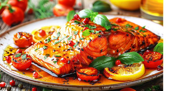 Glazed wild-caught Alaskan salmon fillet served with roasted cherry tomatoes, basil, and lemon slices. Fresh, sustainable seafood rich in omega-3s and vibrant natural color.
