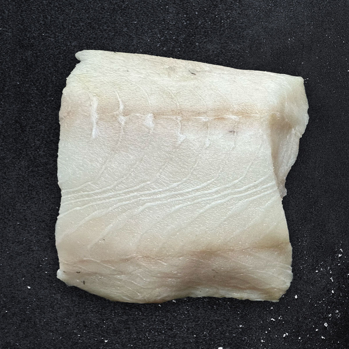 Close-up of a raw fillet of wild-caught Alaskan black cod (sablefish) on a dark background, showcasing its buttery texture and delicate white flesh—premium seafood from Net to Table Seafoods.
